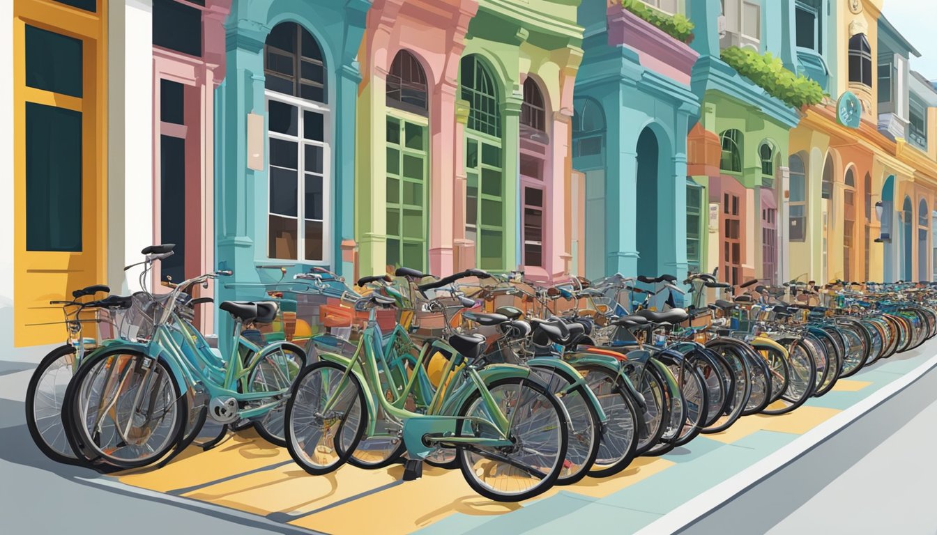 A bustling street in Singapore showcases a row of colorful second-hand bicycle shops, with bicycles of various sizes and designs displayed outside