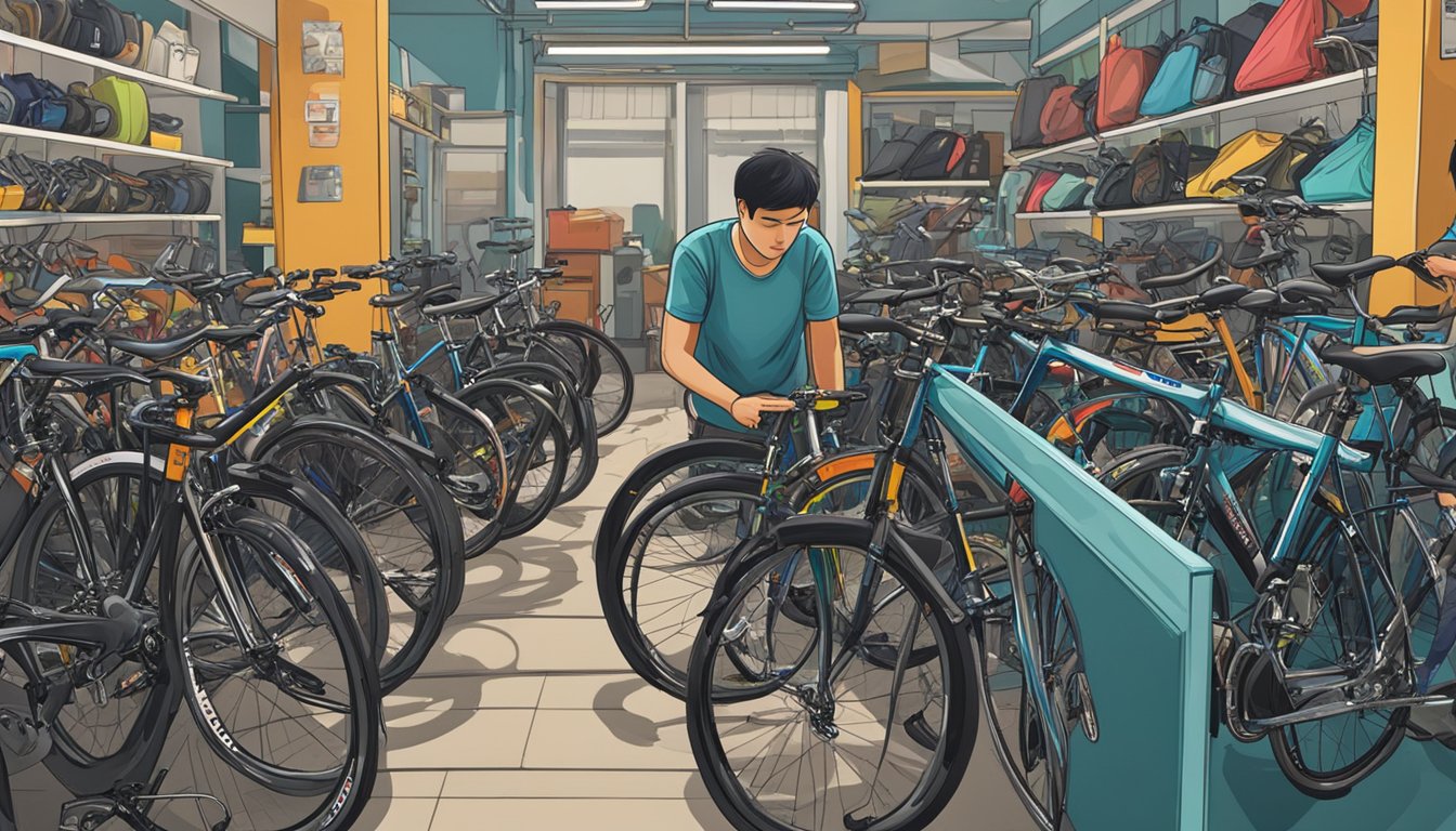 A person inspects pre-owned bicycles at a shop in Singapore. Bikes lined up for sale, with the buyer examining the condition and features of each one