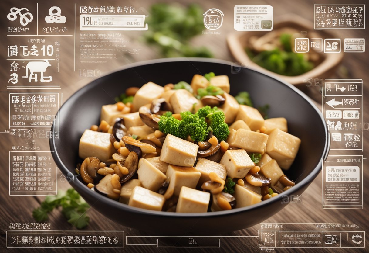 A bowl of tofu and mushroom stir-fry with Chinese seasonings, surrounded by nutritional information labels and dietary considerations