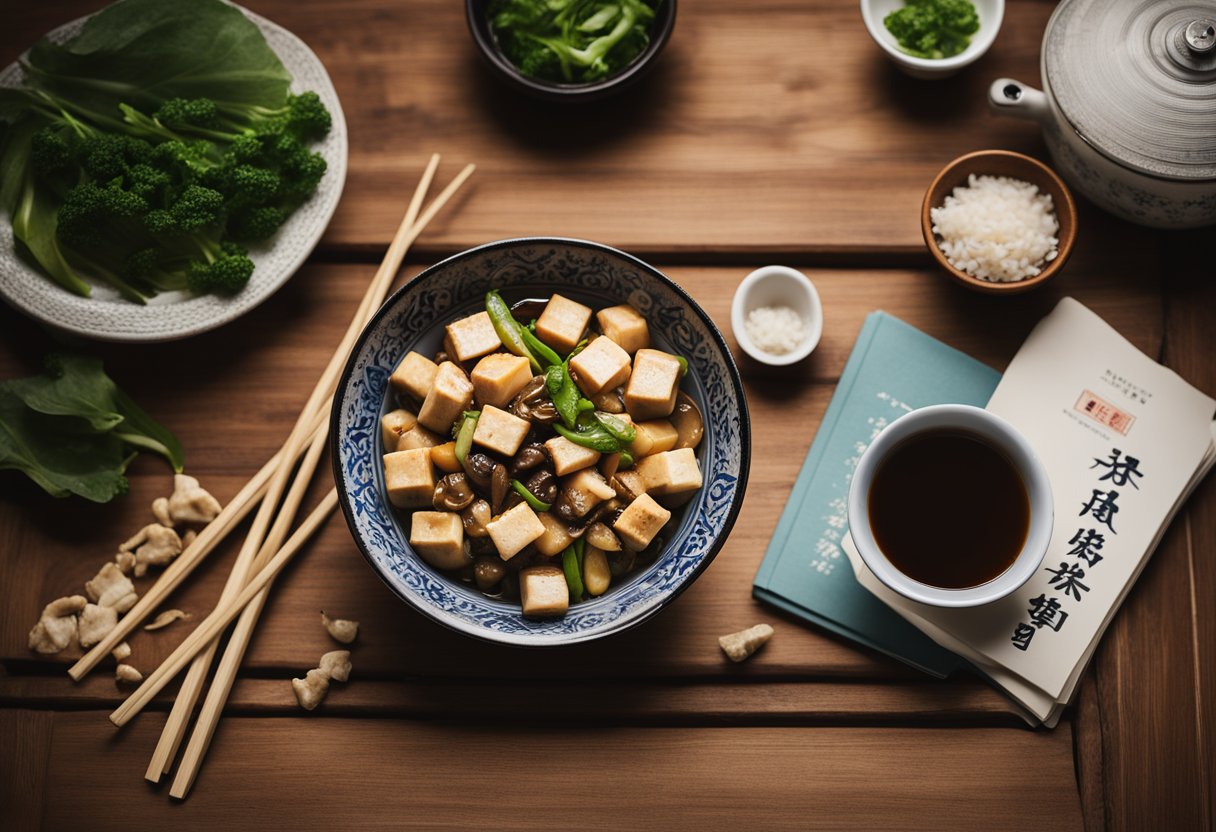 A bowl of tofu and mushroom stir-fry sits on a wooden table, surrounded by chopsticks and a steaming pot. A recipe book with "Frequently Asked Questions" written on the cover is open to a page with Chinese characters and ingredients
