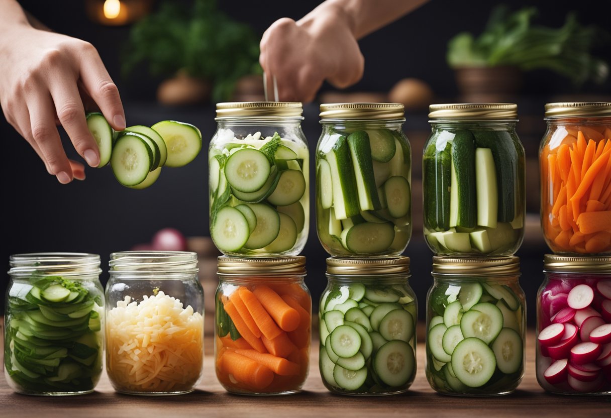 A variety of colorful vegetables, such as cucumbers, carrots, and radishes, are being sliced and placed in jars filled with a mixture of vinegar, sugar, and salt, creating a vibrant and flavorful Chinese pickles recipe
