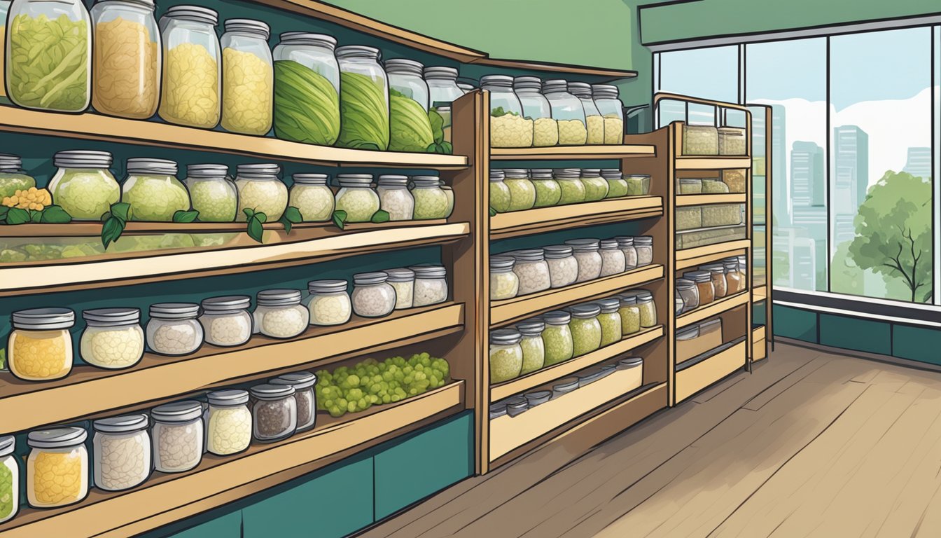 Shelves stocked with sauerkraut jars, sign "Frequently Asked Questions: Where to buy sauerkraut in Singapore." Bright, clean store setting