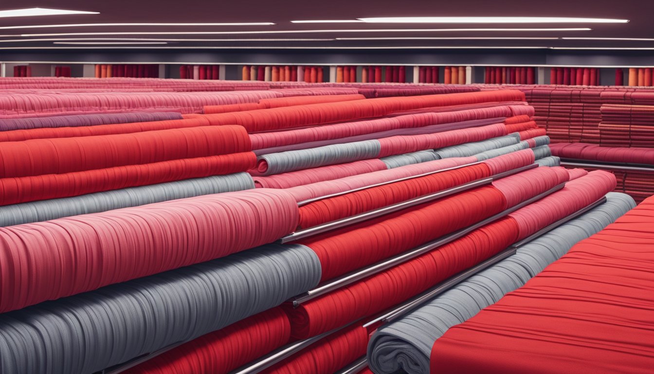 Vibrant red fabric displayed in rows at textile shops in Singapore. Brightly lit store with neatly stacked rolls of cloth