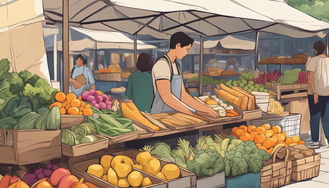 A person browsing a colorful outdoor market stall filled with fresh produce, bread, cheese, and other picnic essentials