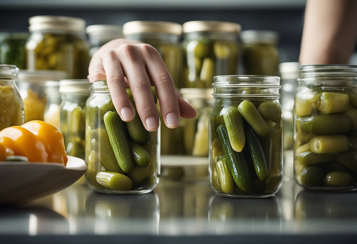 A hand reaches for various Chinese pickles in jars on a kitchen counter