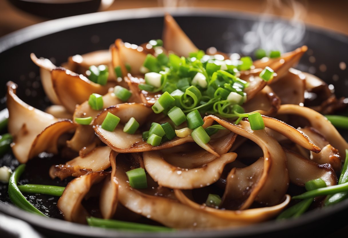 Sliced pig ears sizzling in a wok with soy sauce, ginger, and garlic. Green onions and chili peppers scattered nearby