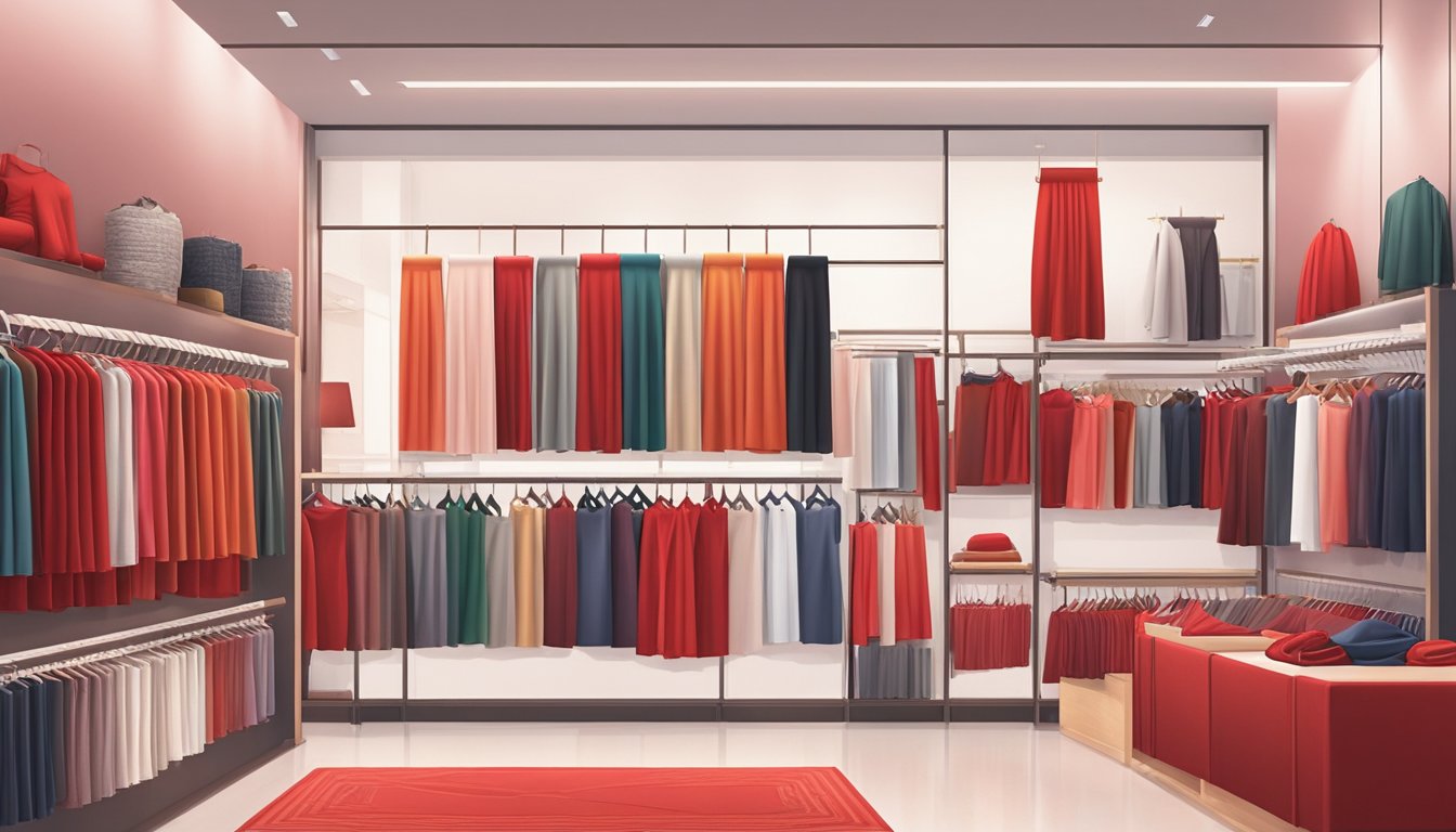 A fabric store in Singapore. A variety of red cloths displayed. Bright lighting and clean surroundings. Multiple options for selecting the perfect red cloth for a main door