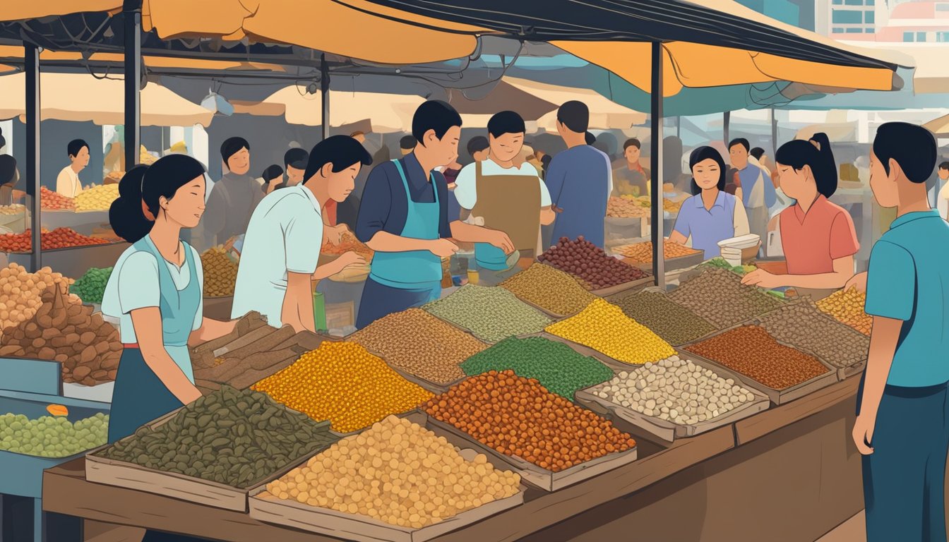 A bustling market stall in Singapore, with colorful displays of spices and condiments. A sign prominently features "Asafoetida" with curious shoppers browsing nearby