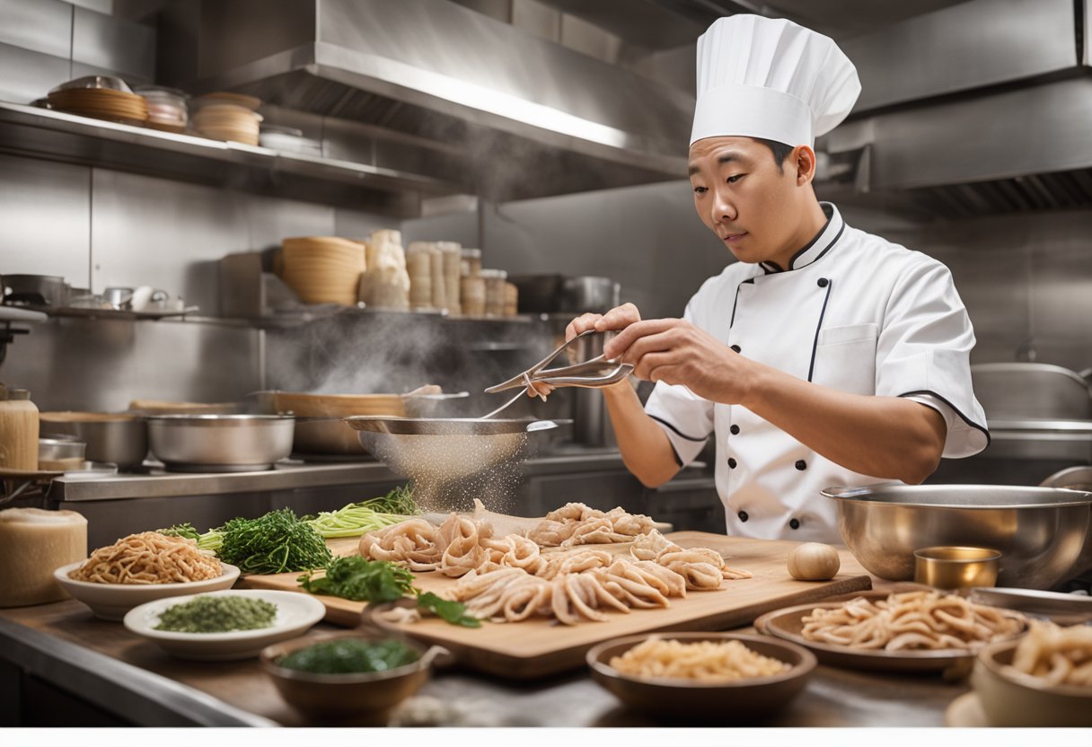 A chef slicing pig ears, surrounded by traditional Chinese cooking ingredients and utensils