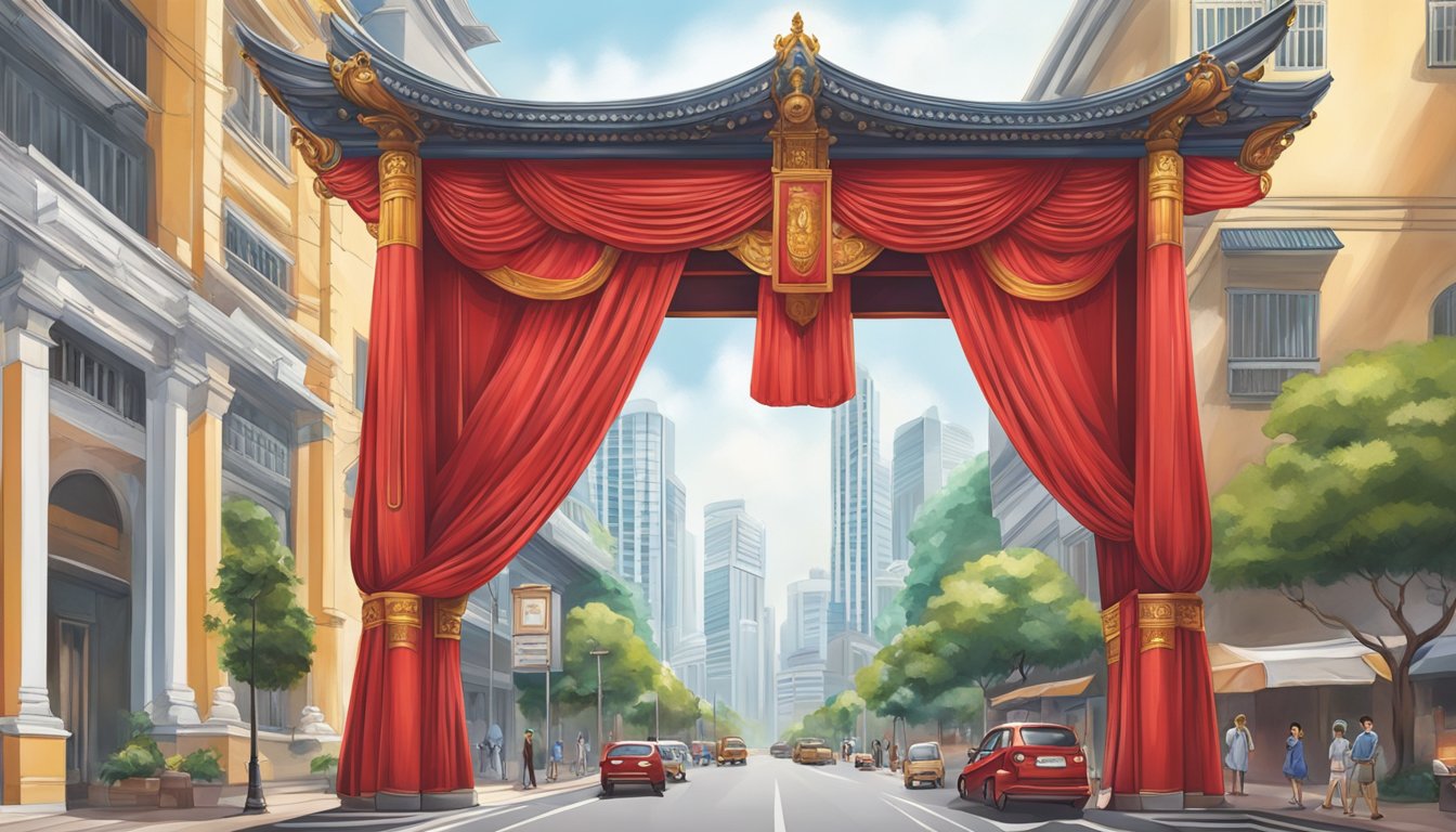 A vibrant red cloth drapes over the main door, set against a backdrop of bustling Singapore streets