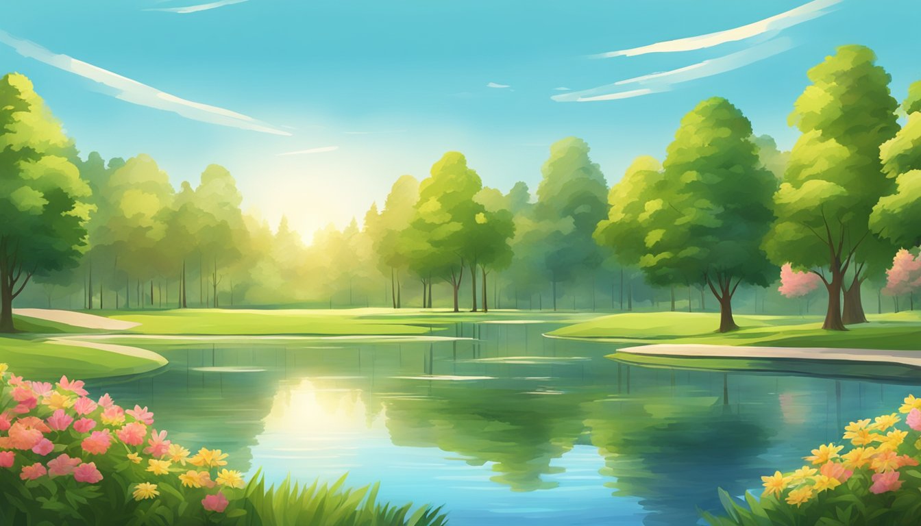 A lush green park with a tranquil pond, surrounded by tall trees and colorful flowers. A clear blue sky and warm sunlight create a peaceful and idyllic setting for a picnic