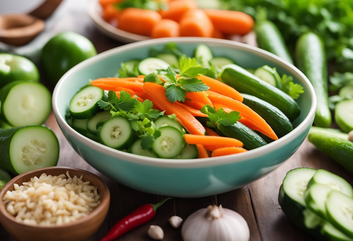 Vibrant green cucumbers and carrots being sliced and mixed with garlic, ginger, and chili peppers in a large bowl