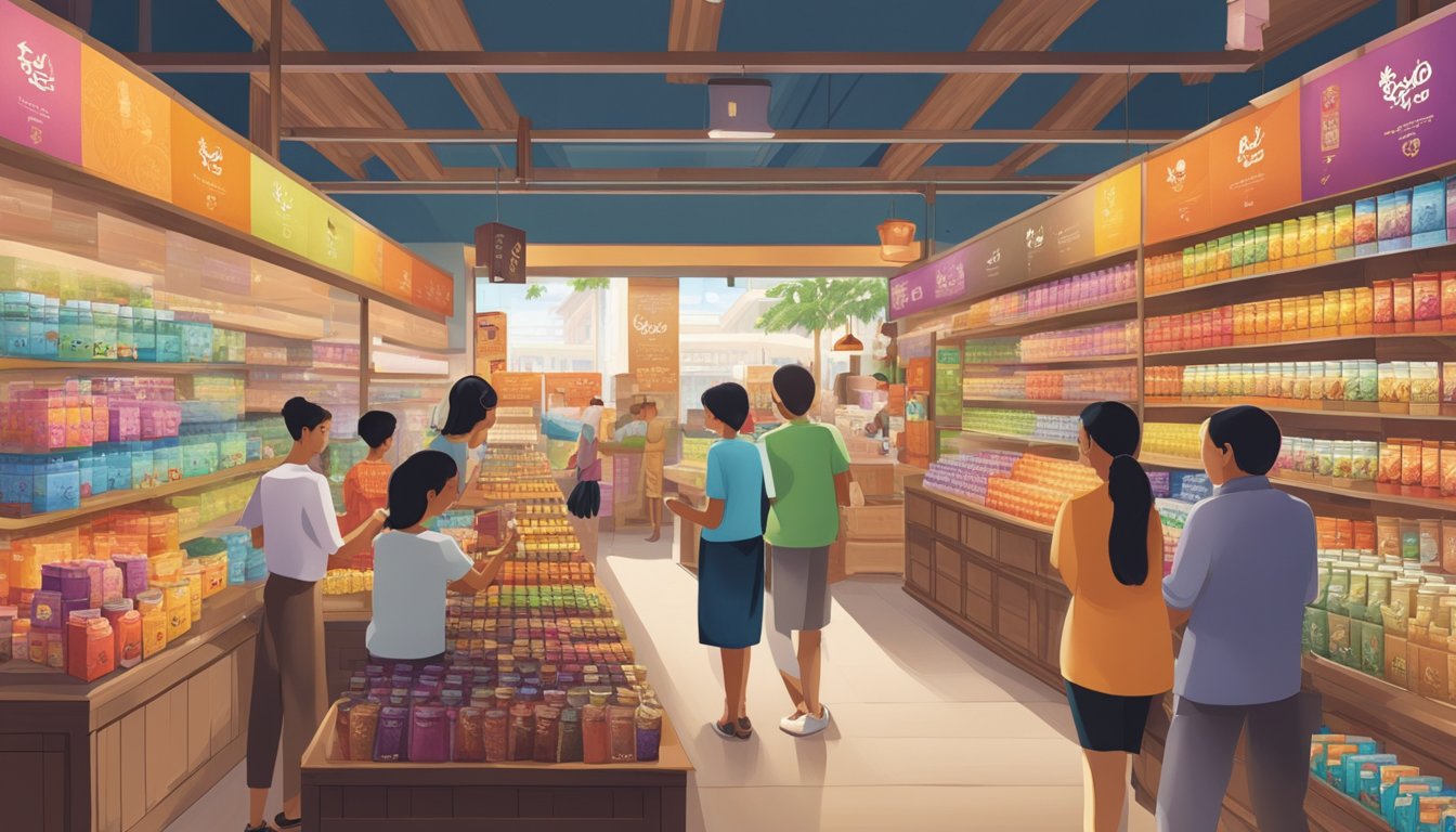 A bustling Singaporean market stall displays various Yogi Tea flavors in colorful packaging. Shoppers browse the selection, while a vendor arranges the products neatly on shelves