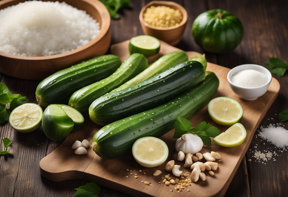 A table with various ingredients laid out: cucumbers, garlic, ginger, salt, sugar, and vinegar. A recipe card with step-by-step instructions