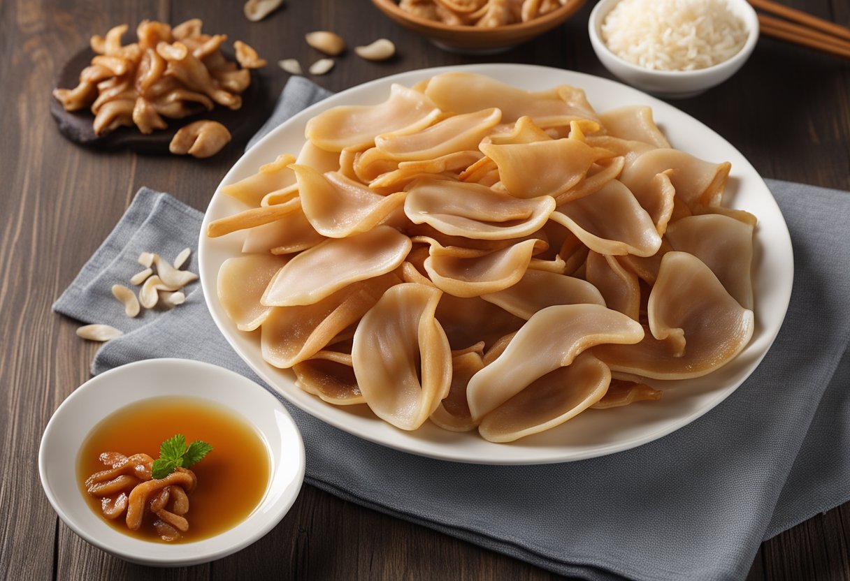 A table with a plate of sliced Chinese pig ears, surrounded by ingredients and a nutrition label