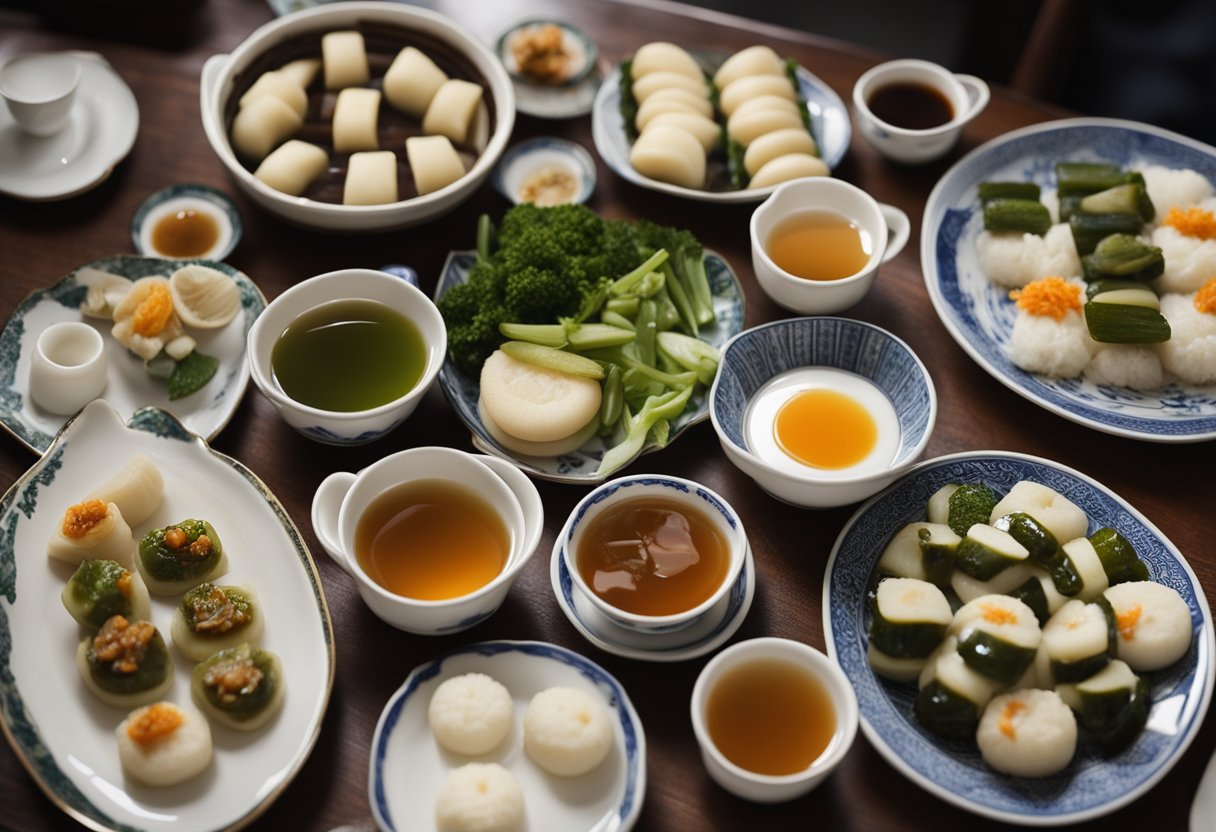 A table set with assorted Chinese pickles, alongside dishes of steamed buns and hot tea
