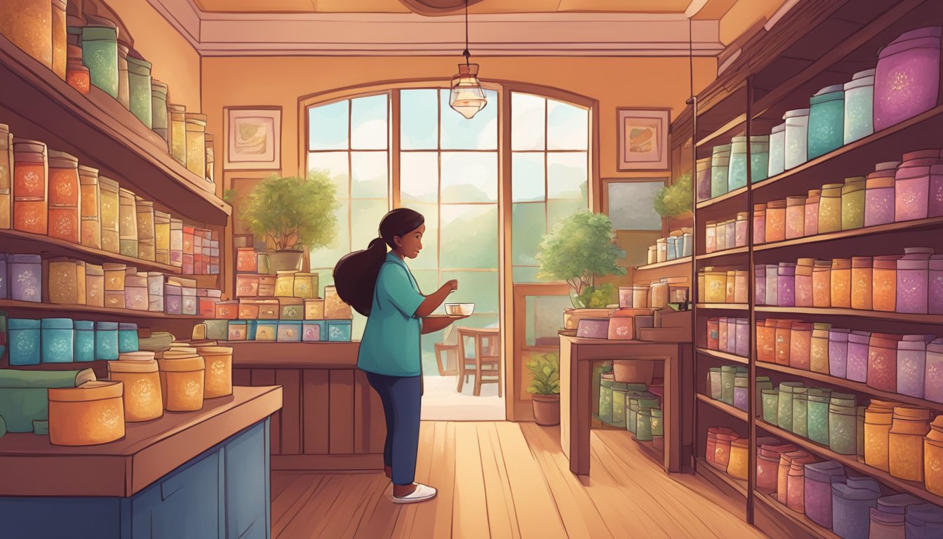 A cozy tea shop with shelves filled with colorful boxes of Yogi tea. A friendly staff member assists a customer in selecting their favorite blend