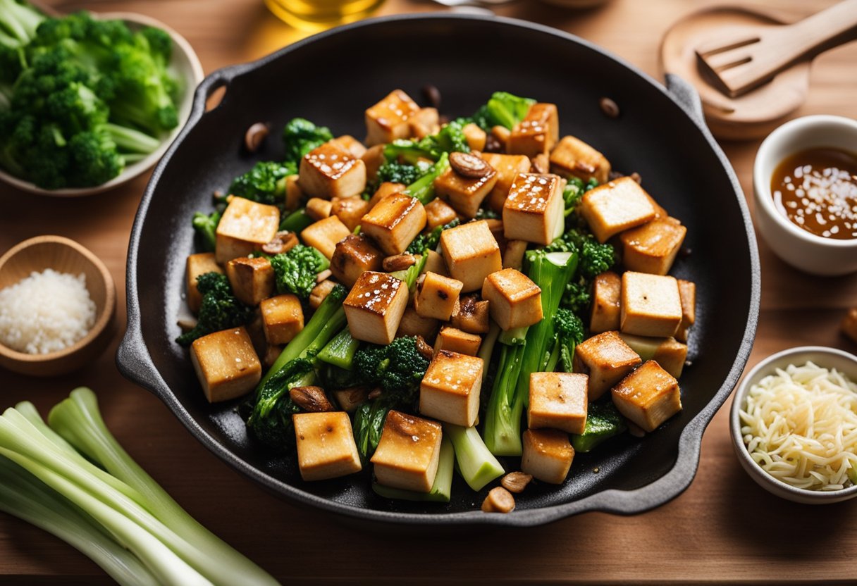 A wok sizzles with marinated tofu cubes, stir-frying with ginger, garlic, and soy sauce. Bok choy and shiitake mushrooms wait on the cutting board