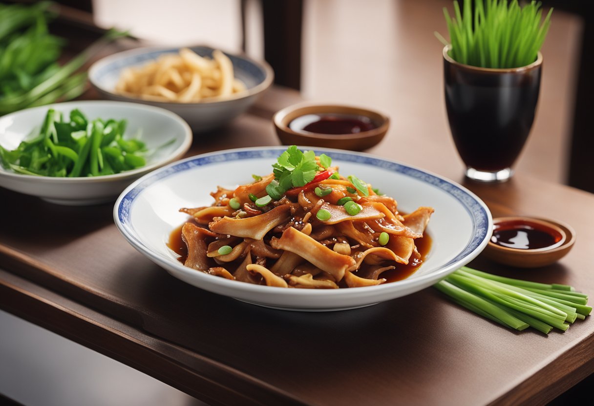 A table set with a plate of sliced Chinese pig ear, accompanied by a bowl of soy sauce, chili paste, and green onions
