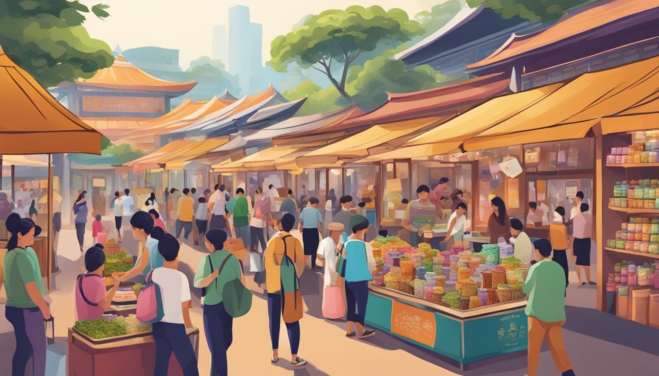 A bustling marketplace with colorful tea stalls, showcasing various Yogi tea flavors, while customers browse and inquire about purchasing in Singapore