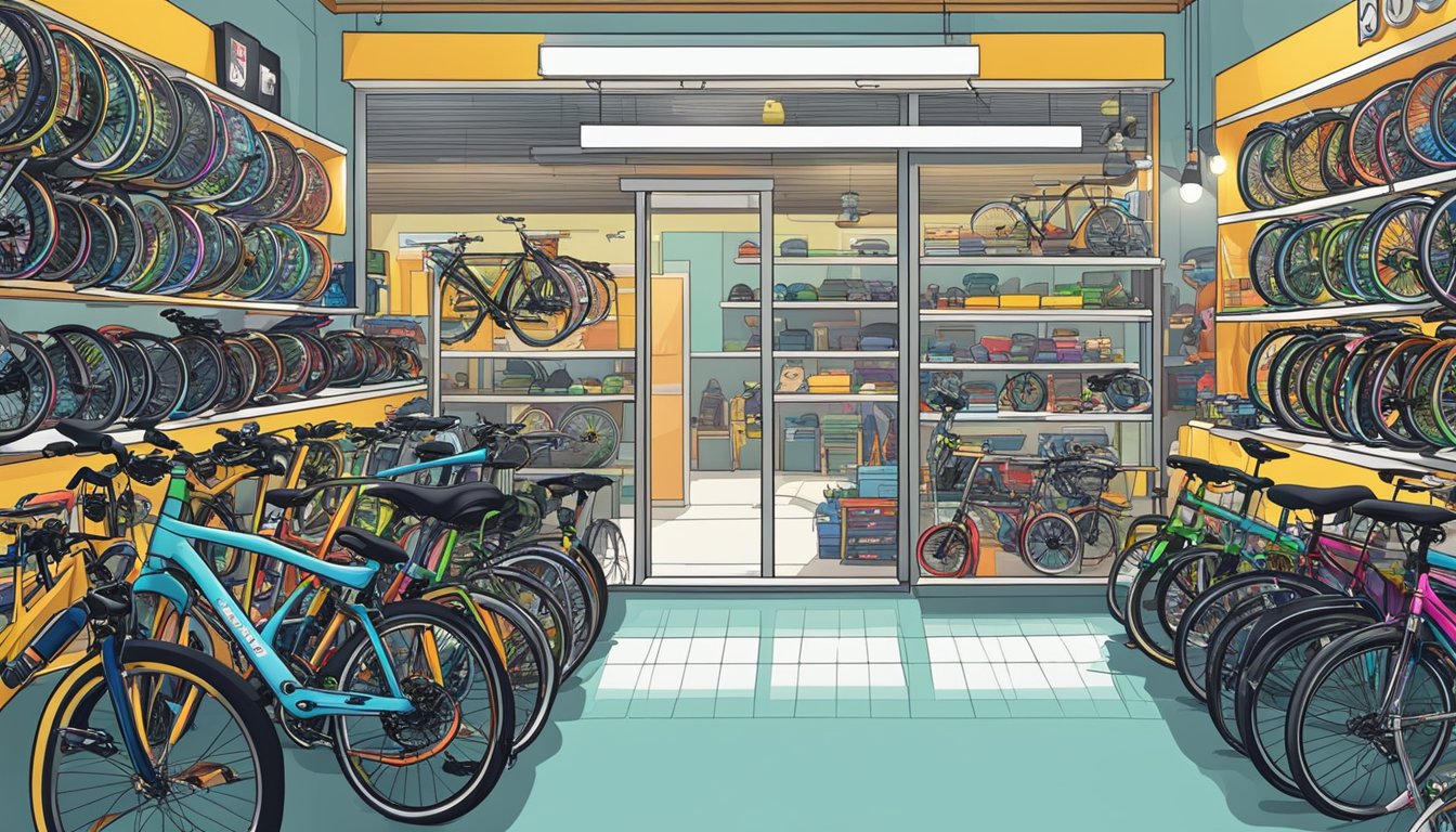 A bustling bike shop in Singapore displays a variety of BMX bikes, helmets, and accessories. Bright lights and vibrant colors attract customers