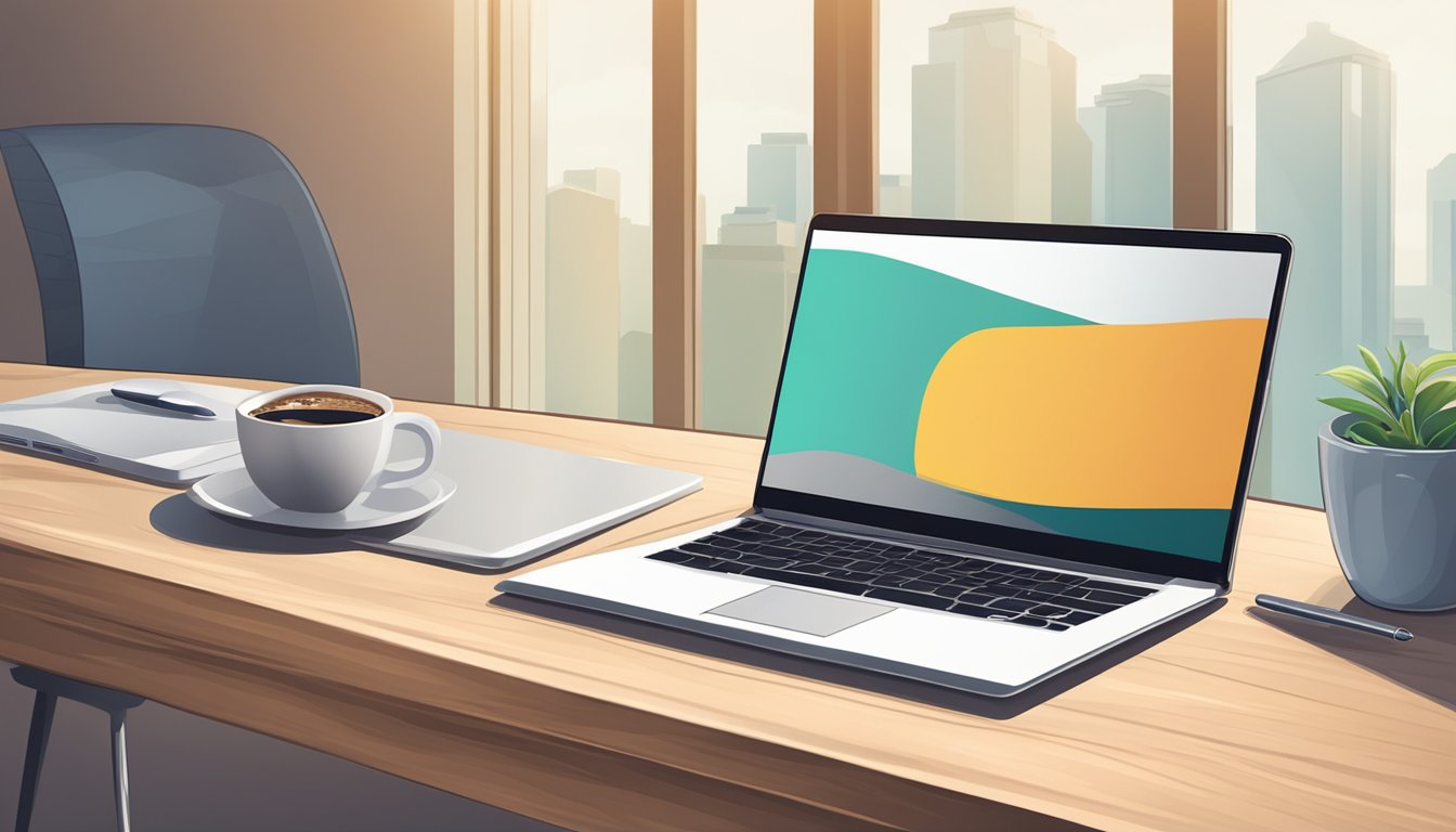 A laptop and a tablet placed on a desk with a computer mouse and a cup of coffee nearby