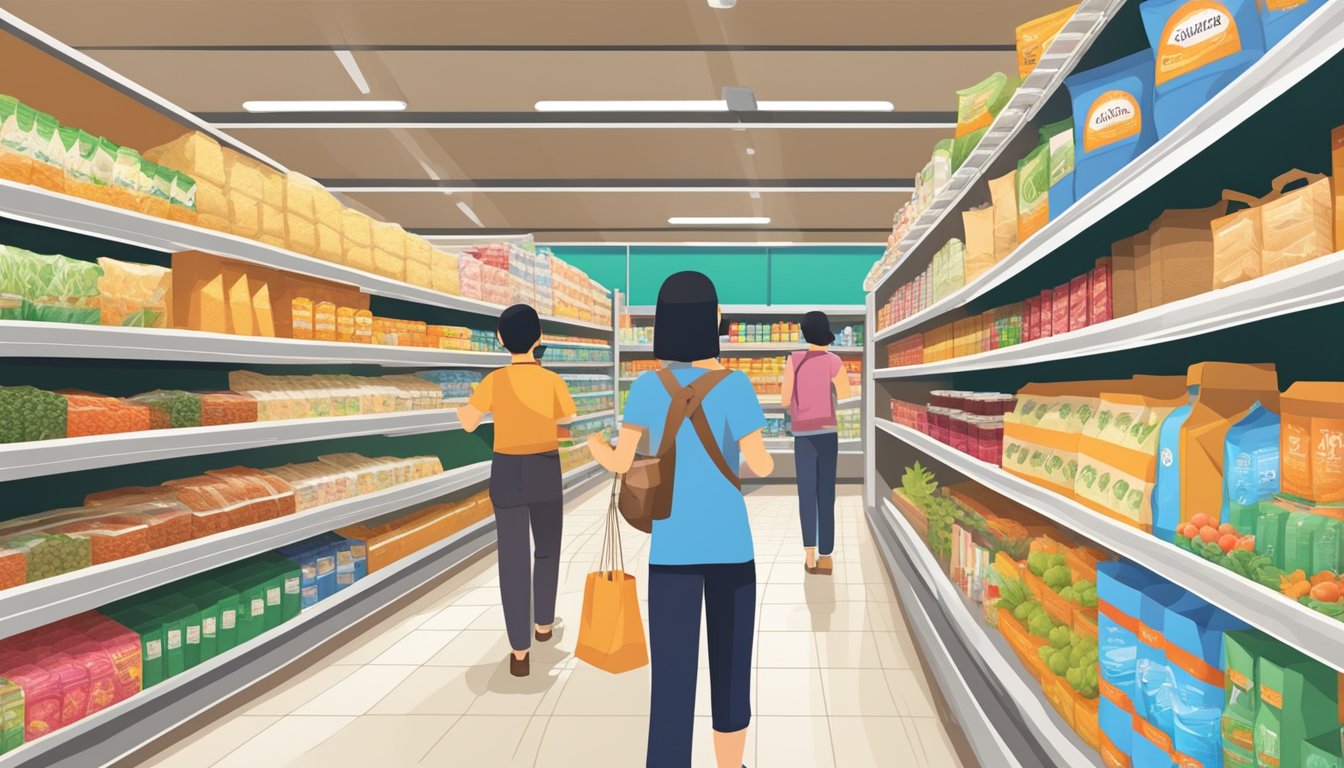 A bustling Asian grocery store shelves stocked with Kinmemai rice bags. Customers browsing aisles, colorful packaging catching their eye