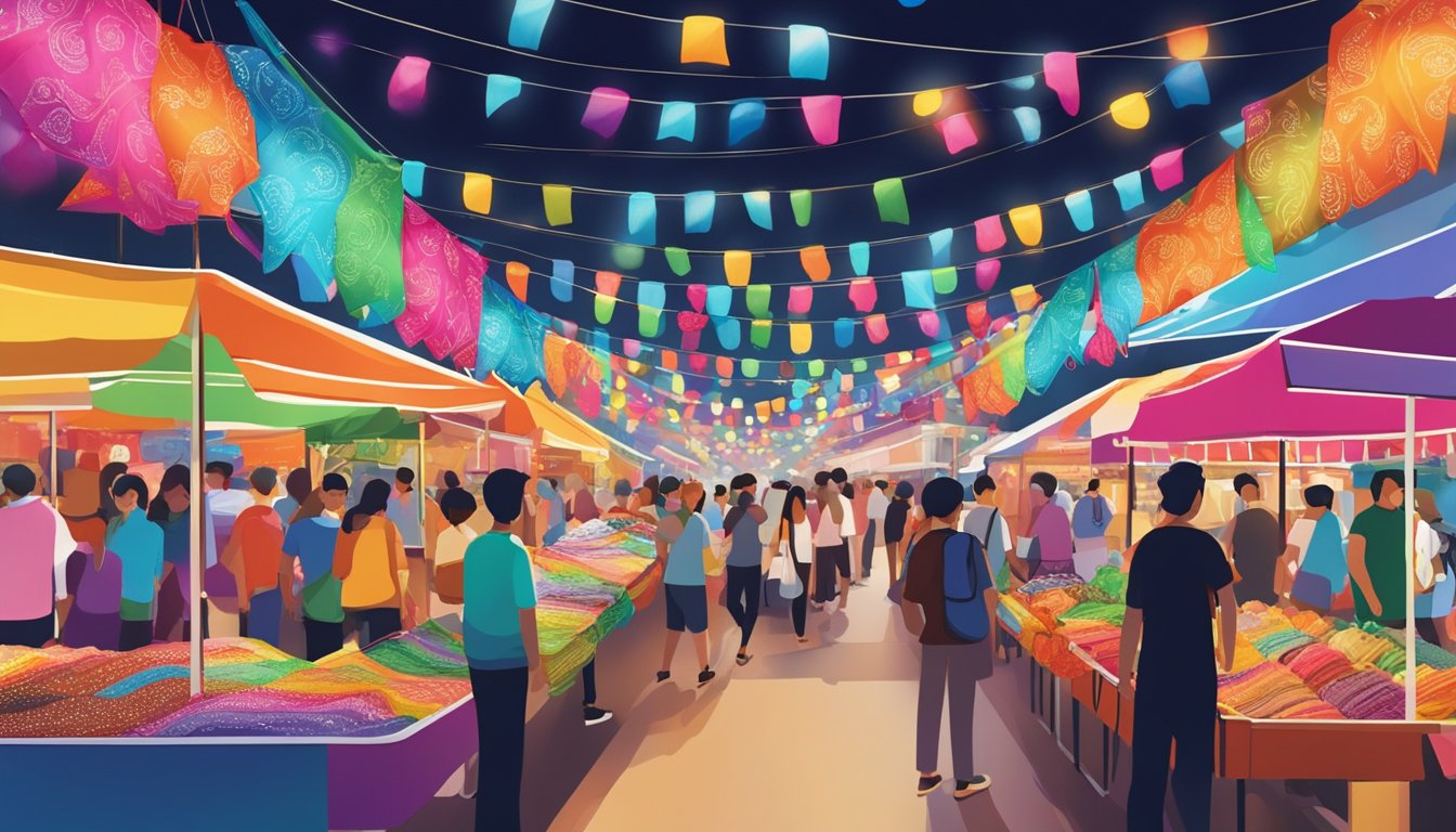 A colorful bandana on display at a bustling marketplace in Singapore. Bright lights and vibrant colors draw in shoppers