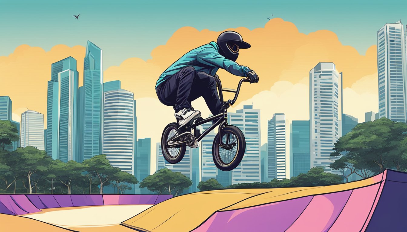 A BMX rider performs tricks at a Singapore skate park, with city skyline in the background