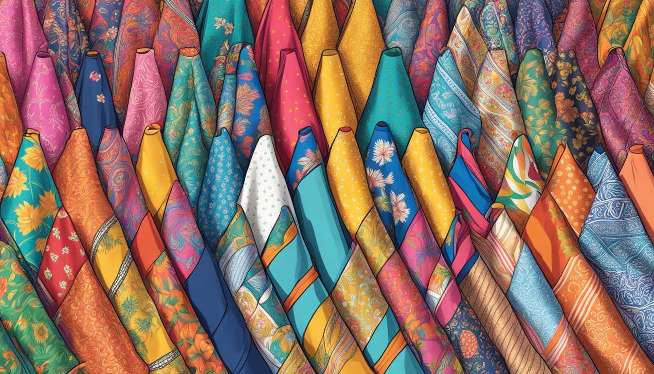 A colorful display of bandanas at a market stall in Singapore, with various patterns and designs neatly arranged for purchase