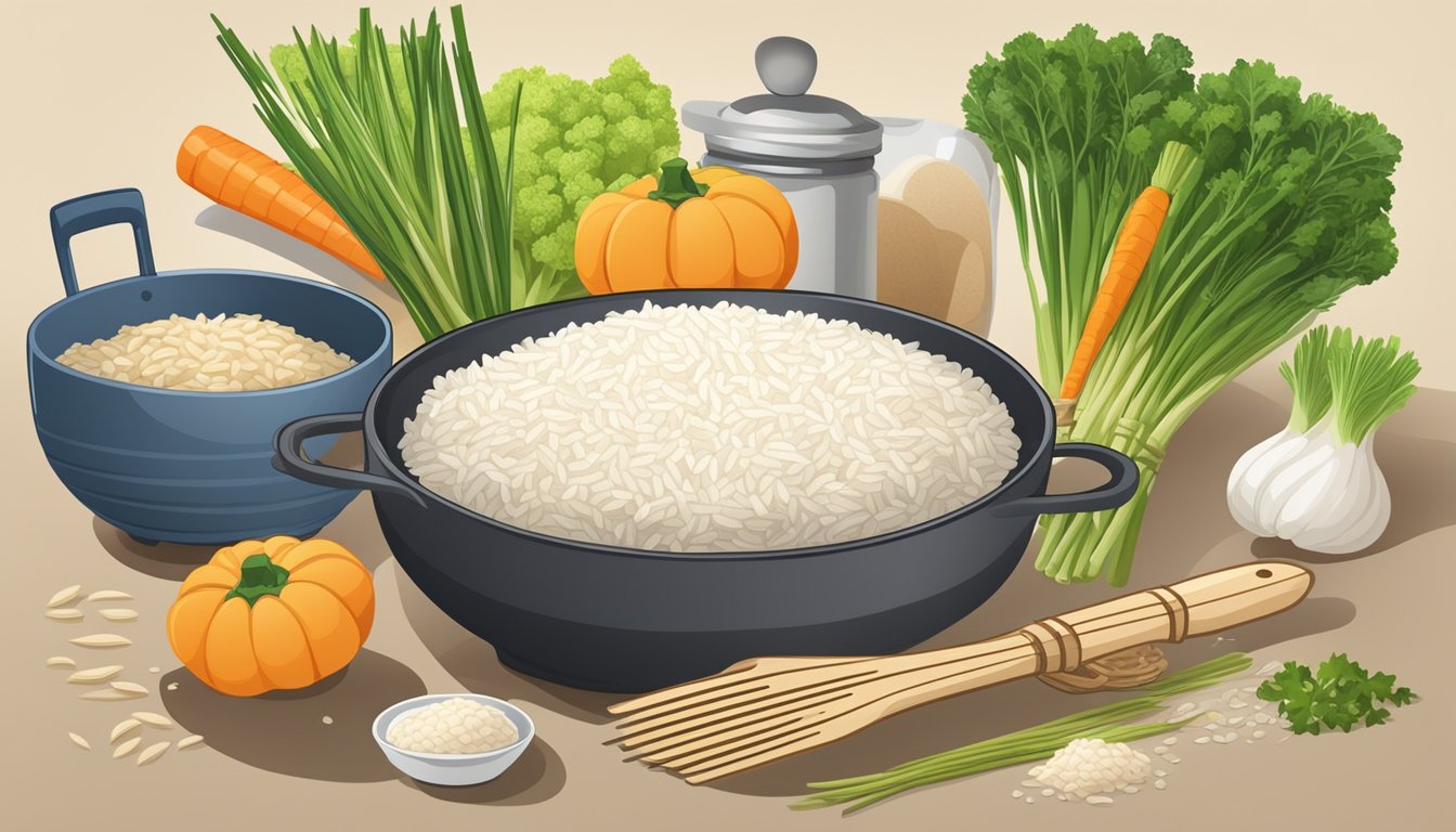 Kinmemai rice package surrounded by fresh vegetables and cooking utensils, with a banner highlighting its health benefits and cooking tips