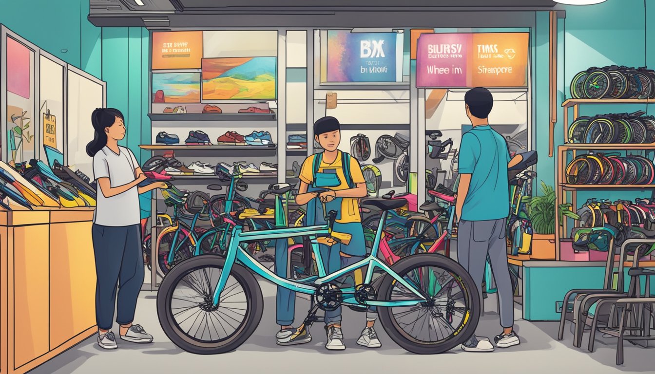A bike shop with colorful BMX bikes on display, a salesperson assisting a customer, and a sign that reads "Where to buy BMX in Singapore."