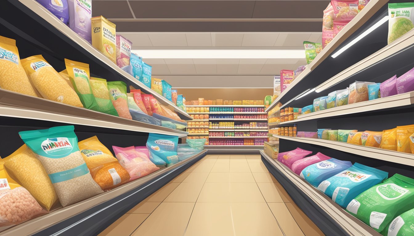 A display of Kinmemai rice bags in a well-lit grocery store aisle, with clear signage indicating their availability for purchase in Singapore