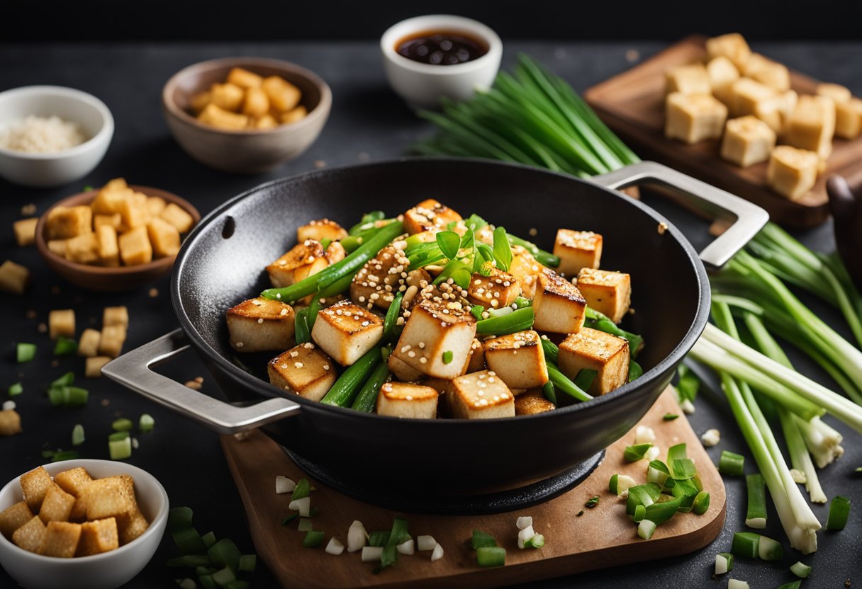 A wok sizzles as tofu cubes are stir-fried with ginger, garlic, and soy sauce. Green onions and sesame seeds are sprinkled on top for garnish