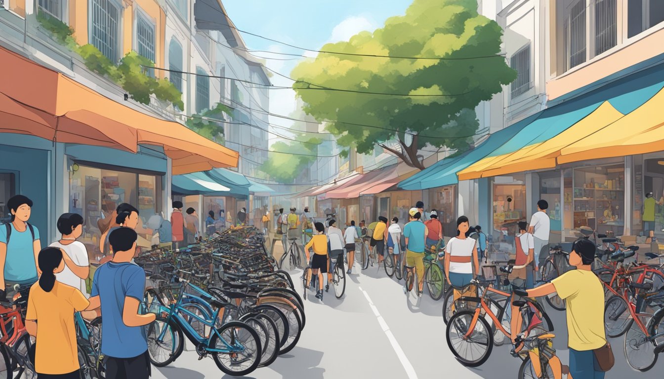 A bustling Singapore street with a variety of bike shops and colorful BMX bikes on display, with customers browsing and asking questions