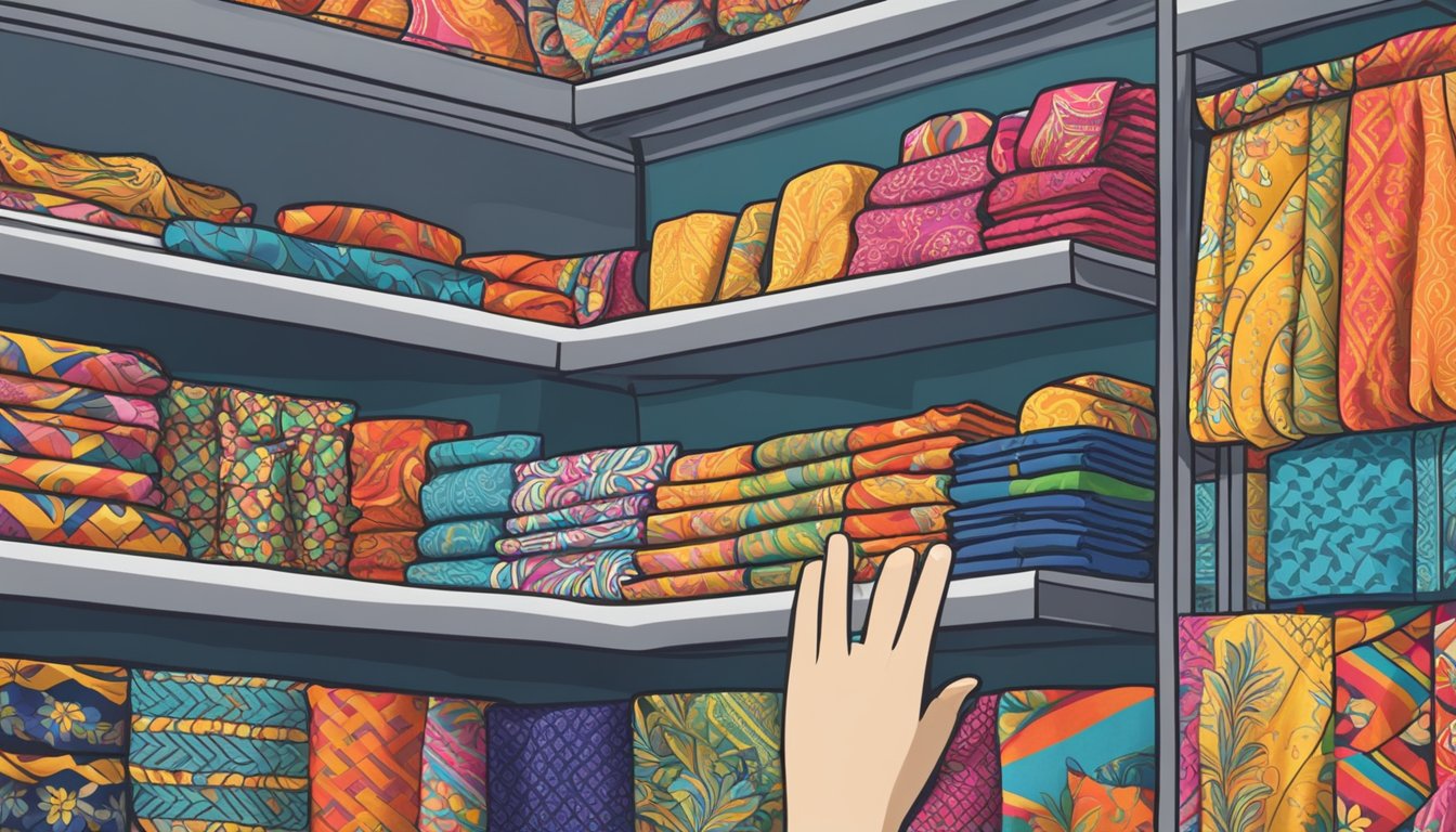 A hand reaches for a colorful bandana in a Singapore store. Shelves are stocked with various patterns and colors, creating a vibrant display