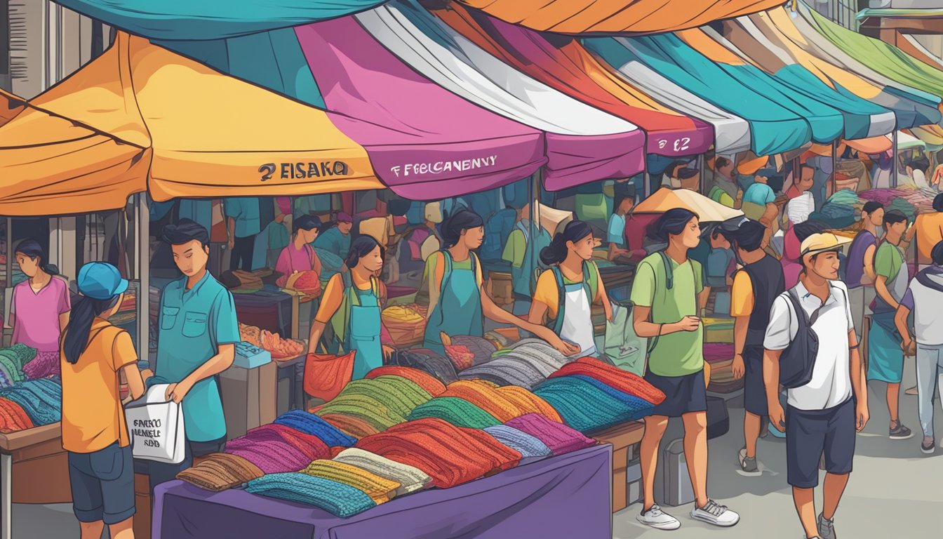 A colorful bandana with "Frequently Asked Questions" text in a bustling Singapore market stall