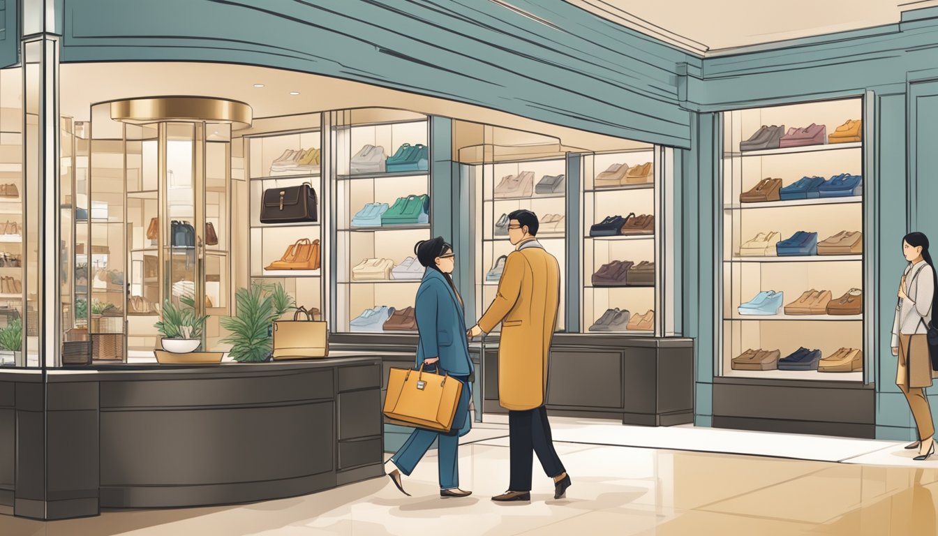 A customer browsing through a luxury store, asking a salesperson about purchasing a Birkin bag in Singapore