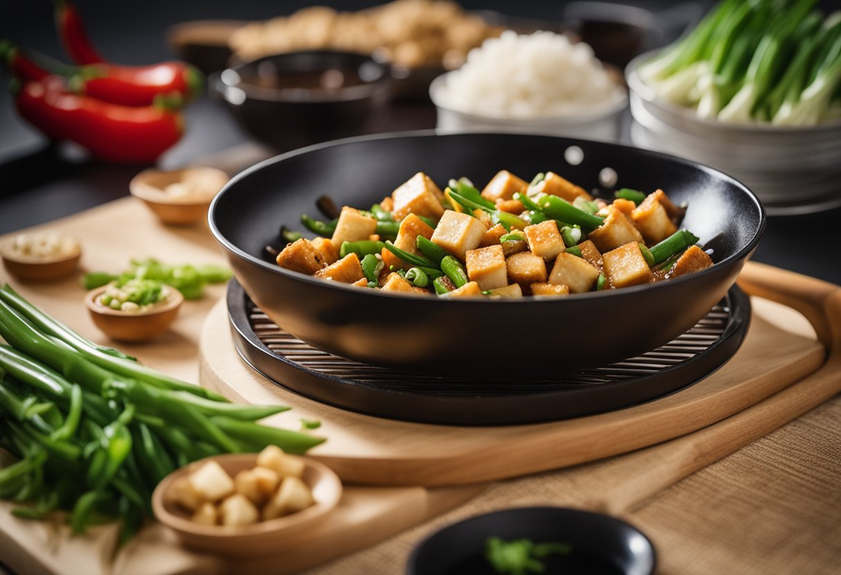 A wok sizzles with diced tofu, stir-fried in a fragrant blend of soy sauce, ginger, and garlic. Green onions and chili peppers add color and heat to the dish
