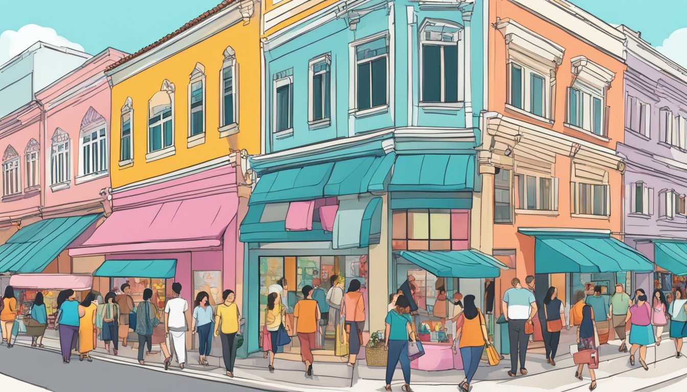 A bustling street in Singapore, with colorful storefronts displaying trendy plus size clothing options. Shoppers of all sizes browse the racks, while cheerful salespeople assist customers