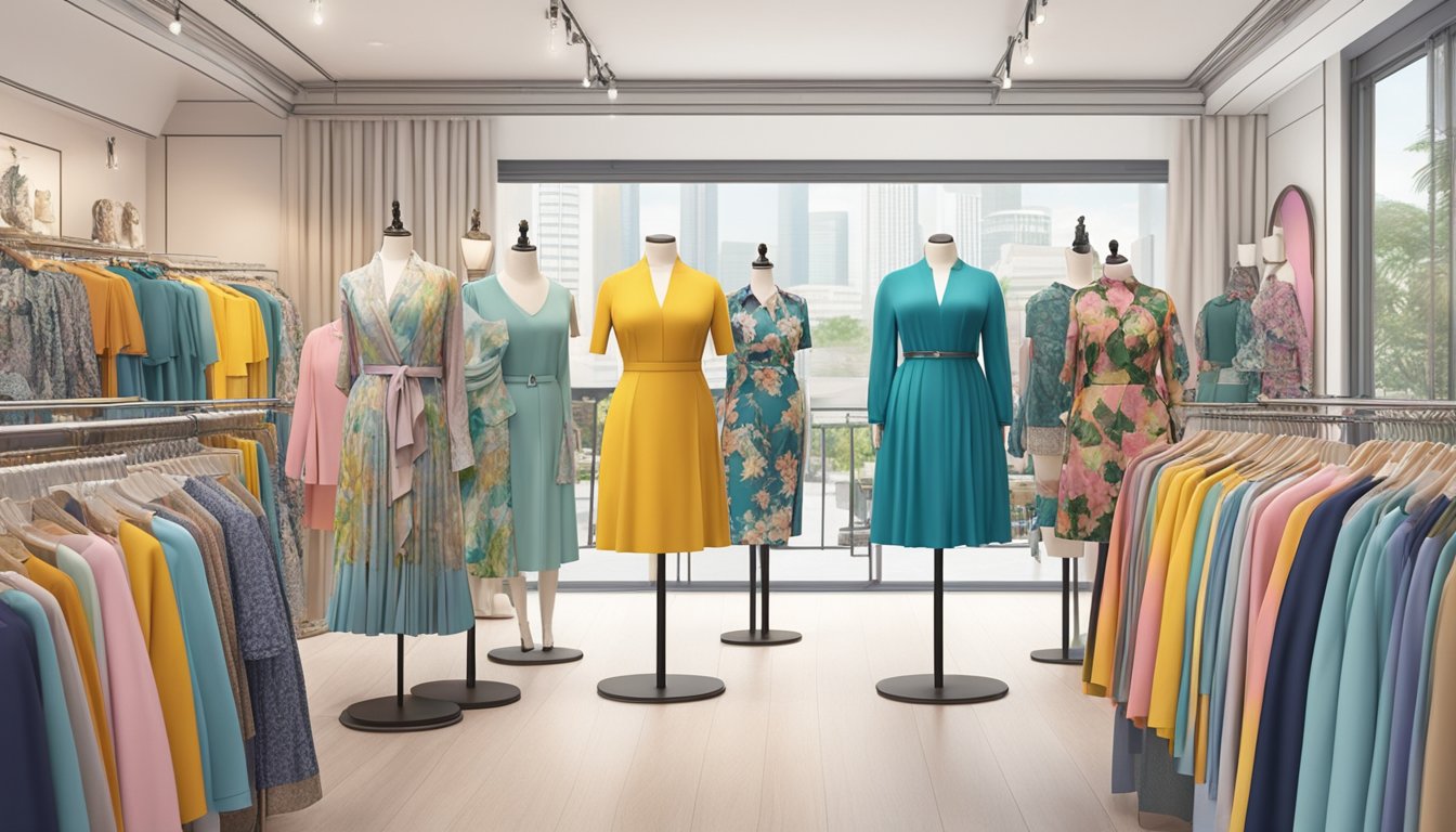 A diverse group of plus-size mannequins in fashionable clothing, surrounded by vibrant and stylish displays, in a boutique in Singapore