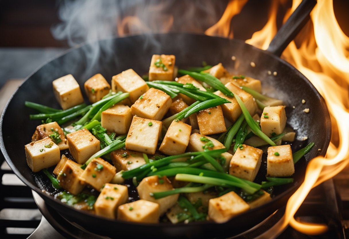 Sizzling tofu stir-frying in a hot wok with ginger, garlic, and green onions. Steam rising, aromatic smells, and vibrant colors