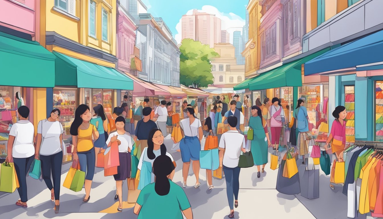 A busy Singapore street with diverse people shopping for plus size clothes at various stores. Brightly colored storefronts and bustling activity