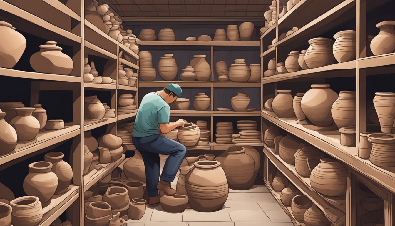 A potter carefully examines bags of clay at a bustling pottery supply store in Singapore. Shelves are filled with various types of clay, while the air is filled with the earthy scent of ceramics