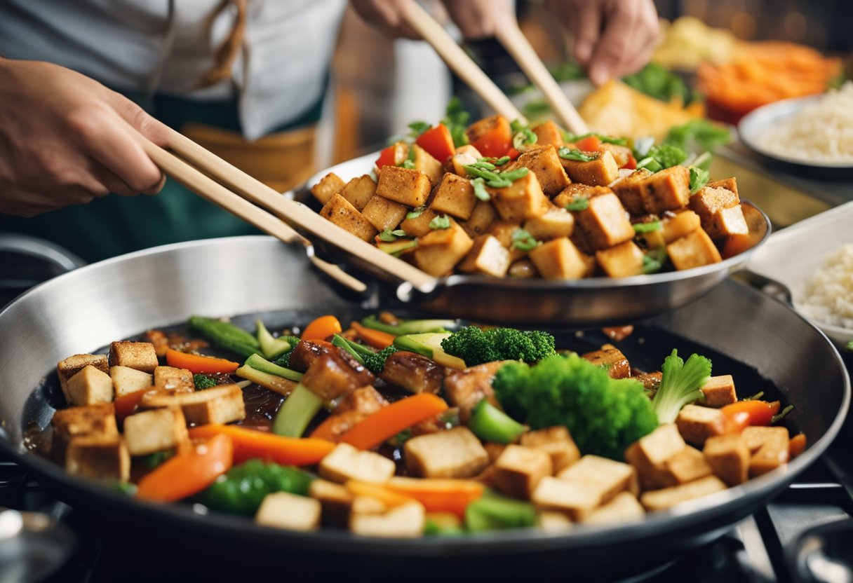 A sizzling wok tosses marinated tofu with vibrant vegetables and aromatic spices in a bustling Chinese kitchen