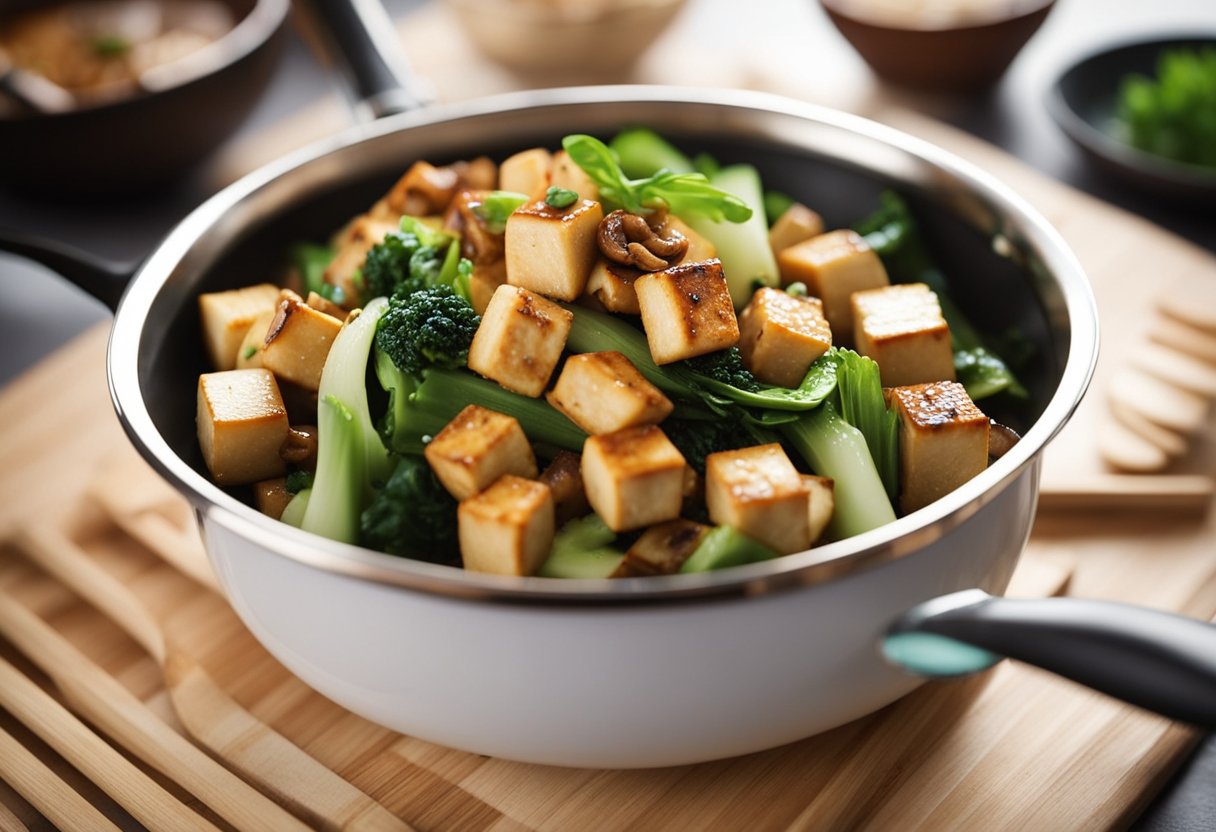 A wok sizzles as tofu cubes are stir-fried with ginger, garlic, and soy sauce. Bok choy and shiitake mushrooms are added, creating a colorful and aromatic Chinese-style tofu dish