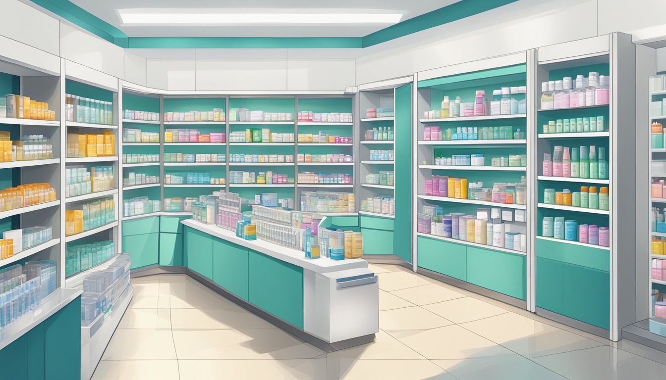 A bright and modern pharmacy in Singapore, with shelves stocked with various eye care products, including Cationorm eye drops prominently displayed