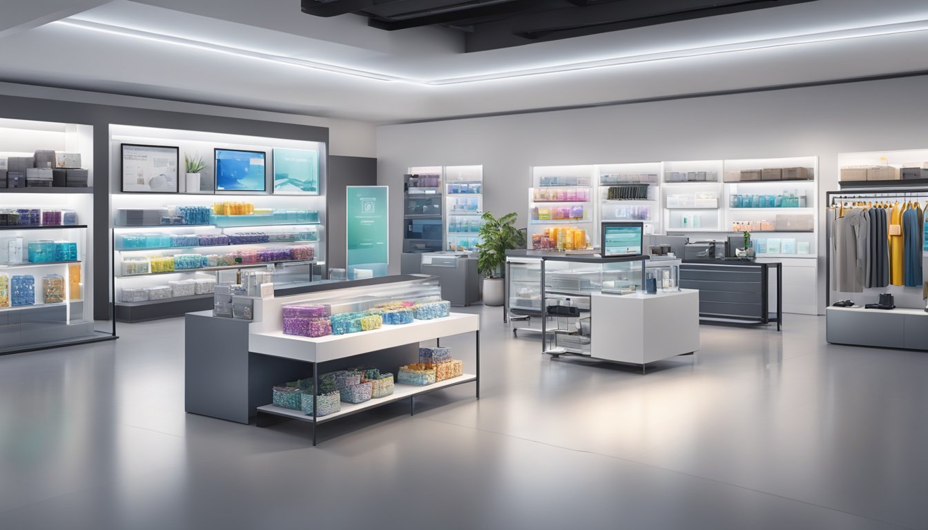 HP's latest innovations displayed in a sleek, modern shop setting. Bright lighting highlights the products, with clear signage for online purchasing