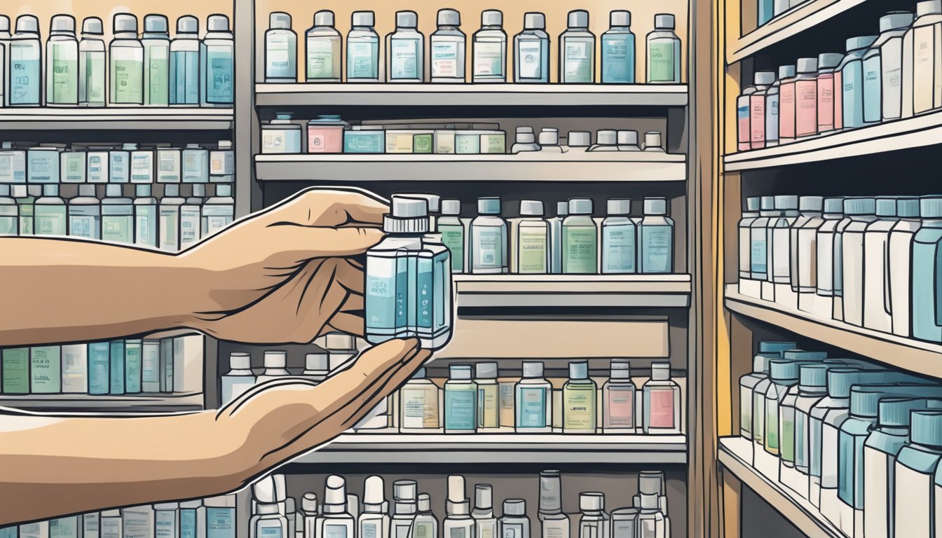 A hand reaching for a box of Cationorm eye drops on a pharmacy shelf in Singapore