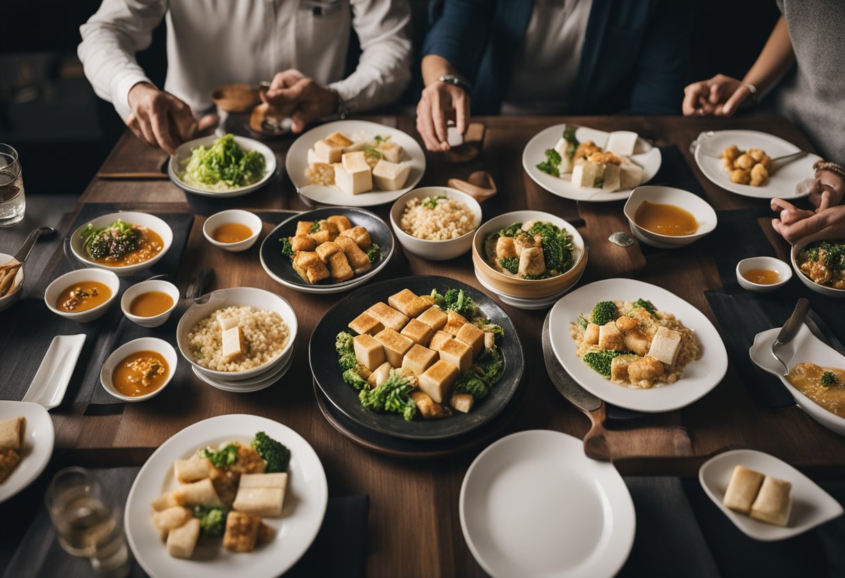 A table set with various Chinese-style tofu dishes, surrounded by curious onlookers